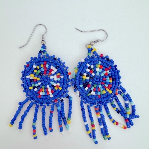Jewelry - Boho Handmade Blue Beaded Chandelier Earrings Vintage